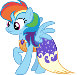 Size: 3000x2912 | Tagged: safe, artist:cloudyglow, derpibooru import, rainbow dash, pegasus, pony, make new friends but keep discord, clothes, dress, female, gala dress, high res, mare, raised hoof, raised leg, simple background, solo, spread wings, transparent background, vector