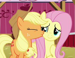 Size: 897x694 | Tagged: safe, artist:queenderpyturtle, derpibooru import, edit, edited screencap, screencap, applejack, fluttershy, earth pony, pegasus, pony, appleshy, duo, duo female, female, kissing, lesbian, shipping