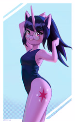 Size: 3000x4831 | Tagged: safe, artist:mrscroup, derpibooru import, twilight sparkle, unicorn twilight, anthro, unicorn, clothes, cutie mark, eyebrows, eyebrows visible through hair, female, glasses, grin, high res, high-cut clothing, horn, looking at you, meganekko, no tail, one-piece swimsuit, ponytail, round glasses, smiling, smiling at you, solo, swimsuit