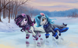 Size: 3375x2083 | Tagged: safe, artist:elisdoominika, derpibooru import, oc, oc:sweet elis, earth pony, pony, clothes, coat, female, ice, ice skates, ice skating, looking at each other, looking at someone, mare, ponies, scarf, scenery, sky, smiling, smiling at each other, snow, sunset