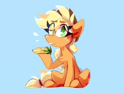 Size: 2819x2159 | Tagged: safe, artist:nekosnicker, derpibooru import, applejack, earth pony, pony, blue background, corn, eating, food, simple background, sitting, solo