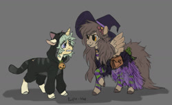 Size: 1280x780 | Tagged: safe, artist:purple-blep, derpibooru import, oc, oc:keylime, oc:paradise skies, cat, pegasus, unicorn, bag, clothes, costume, halloween, halloween costume, hat, holiday, looking at each other, looking at someone, saddle bag, simple background, witch costume, witch hat