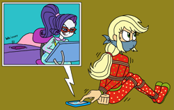 Size: 2009x1276 | Tagged: safe, artist:bugssonicx, derpibooru import, applejack, rarity, equestria girls, bondage, bound and gagged, cloth gag, clothes, footed sleeper, footie pajamas, gag, glasses, glasses rarity, nightgown, onesie, over the nose gag, pajamas, ponytail, tied up