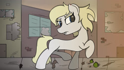 Size: 2560x1440 | Tagged: safe, artist:straighttothepointstudio, derpibooru import, oc, earth pony, pony, fallout equestria, angry, blonde, blonde hair, blood, blue eyes, brick, building, colored, digital art, fallout, grenade, sidewalk, solo, window