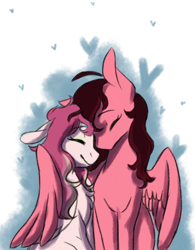 Size: 1024x1315 | Tagged: safe, artist:snowolive, derpibooru import, oc, oc only, pegasus, pony, abstract background, chest fluff, duo, ears, eyes closed, female, floppy ears, heart, hug, lesbian, mare, oc x oc, shipping, simple background, sitting, smiling, transparent background, winghug, wings