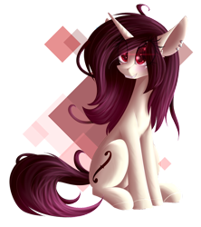 Size: 900x1014 | Tagged: safe, artist:mediasmile666, derpibooru import, oc, oc only, oc:hazel, pony, unicorn, abstract background, blushing, cutie mark, ear piercing, earring, eye clipping through hair, eye reflection, female, gift art, grin, jewelry, mare, piercing, reflection, simple background, sitting, smiling, solo, transparent background