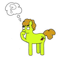 Size: 1300x1250 | Tagged: safe, artist:potatoconnoisseur, derpibooru exclusive, derpibooru import, oc, oc only, oc:up beet, earth pony, pony, earth pony oc, eyebrows, eyebrows visible through hair, female, full body, looking up, mare, question mark, raised eyebrow, simple background, solo, standing, tail, thinking, thought bubble, white background
