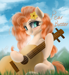 Size: 1244x1342 | Tagged: safe, artist:fluttersheeeee, derpibooru import, pear butter, earth pony, pony, blushing, cutie mark, female, flower, flower in hair, guitar, looking sideways, mare, musical instrument, sitting, smiling, solo