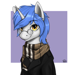 Size: 2820x2820 | Tagged: safe, artist:printik, derpibooru import, oc, oc only, oc:silver rope, pony, unicorn, abstract background, clothes, coat, commission, eye clipping through hair, glasses, looking at you, male, raised eyebrow, scarf, smiling, solo, stallion