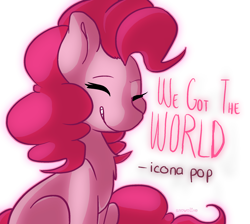 Size: 1024x917 | Tagged: safe, artist:snowolive, derpibooru import, pinkie pie, earth pony, pony, chest fluff, eyes closed, female, mare, simple background, sitting, smiling, solo, theme song, transparent background