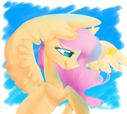 Size: 1024x917 | Tagged: safe, artist:snowolive, derpibooru import, fluttershy, pegasus, pony, abstract background, bust, female, looking away, looking down, mare, profile, simple background, smiling, solo, spread wings, transparent background, wings