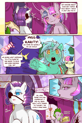 Size: 960x1440 | Tagged: safe, artist:cold-blooded-twilight, derpibooru import, bon bon, lyra heartstrings, rarity, spike, sweetie drops, twilight sparkle, dragon, earth pony, unicorn, comic:cold storm, carousel boutique, cold blooded twilight, comic, dialogue, eyepatch, eyeshadow, glowing, glowing eyes, makeup, underhoof, wide hips