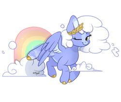 Size: 1024x867 | Tagged: safe, artist:afkcyrist, derpibooru import, oc, oc only, pegasus, pony, blaze (coat marking), cloud, cloud mane, coat markings, colored hooves, commission, eyebrows, eyebrows visible through hair, facial markings, female, flying, laurel wreath, looking at you, mare, one eye closed, pegasus oc, rainbow, simple background, smiling, solo, spread wings, transparent background, wings