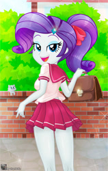 Size: 722x1139 | Tagged: safe, artist:charliexe, derpibooru import, rarity, cat, equestria girls, anime, anime style, bedroom eyes, clothes, link in description, looking at you, looking back, looking back at you, manga, open mouth, open smile, school uniform, smiling, story included, tongue, tongue out