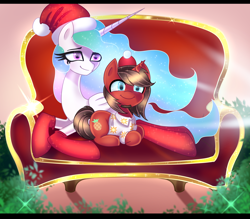 Size: 7800x6821 | Tagged: safe, artist:opal_radiance, derpibooru import, princess celestia, oc, oc:ironyoshi, alicorn, unicorn, absurd resolution, chair, christmas, clothes, commission, hat, holiday, lying down, prone, santa hat, shirt, socks, ych result