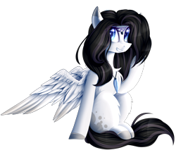 Size: 3000x2554 | Tagged: safe, artist:mediasmile666, derpibooru import, oc, oc only, pegasus, pony, blank flank, chest fluff, coat markings, commission, eye clipping through hair, eye reflection, female, jewelry, mare, necklace, reflection, sidemouth, simple background, sitting, smiling, solo, speedpaint available, transparent background