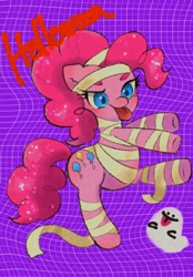 Size: 820x1180 | Tagged: safe, artist:h2o_omz, derpibooru import, pinkie pie, earth pony, ghost, pony, undead, bipedal, clothes, costume, female, halloween, halloween costume, holiday, mummy, mummy costume, solo, tongue, tongue out