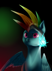 Size: 1494x2043 | Tagged: safe, artist:fixielle, derpibooru import, rainbow dash, pegasus, pony, abstract background, alternate hairstyle, badass, ball lightning, female, helmet, lightning, mare, mohawk, narrowed eyes, one wing out, solo, wings