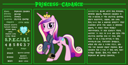 Size: 11720x6000 | Tagged: safe, artist:andoanimalia, artist:ponygamer2020, derpibooru import, princess cadance, alicorn, pony, fallout equestria, bio, clothes, crown, cutie mark, fallout, fallout equestria: character guide, female, horn, jewelry, jumpsuit, looking at you, mare, multicolored mane, multicolored tail, pipboy, purple eyes, raised hoof, raised leg, reference sheet, regalia, s.p.e.c.i.a.l., solo, standing, tail, text, vault suit, vector
