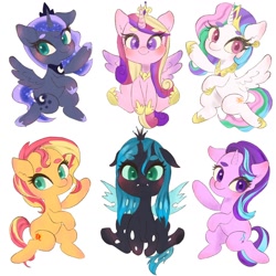 Size: 1280x1280 | Tagged: safe, artist:h2o_omz, derpibooru import, part of a set, princess cadance, princess celestia, princess luna, queen chrysalis, starlight glimmer, sunset shimmer, alicorn, changeling, changeling queen, pony, unicorn, cute, cutealis, cutedance, cutelestia, female, glimmerbetes, looking at you, lunabetes, mare, princess, shimmerbetes, simple background, spread wings, white background, wings
