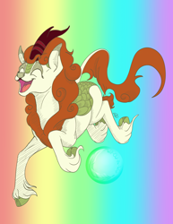 Size: 2550x3300 | Tagged: safe, artist:will-owl-the-wisp, derpibooru import, autumn blaze, kirin, awwtumn blaze, cloven hooves, cute, eyes closed, female, happy, high res, hnnng, leonine tail, open mouth, open smile, rainbow background, smiling, solo, tail