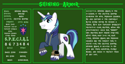 Size: 11720x6000 | Tagged: safe, artist:ponygamer2020, derpibooru import, shining armor, pony, unicorn, fallout equestria, bio, clothes, cutie mark, fallout, fallout equestria: character guide, horn, jumpsuit, male, pipboy, raised hoof, raised leg, reference sheet, s.p.e.c.i.a.l., smiling, solo, stallion, tail, text, vault suit, vector