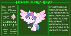 Size: 11720x6000 | Tagged: safe, artist:ponygamer2020, derpibooru import, princess flurry heart, fallout equestria, bio, clothes, cute, cutie mark, fallout, fallout equestria: character guide, female, filly, filly flurry heart, flurrybetes, flying, foal, horn, jumpsuit, looking at you, pipboy, s.p.e.c.i.a.l., smiling, smiling at you, solo, tail, test, vector, wings