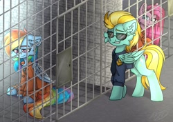 Size: 2974x2100 | Tagged: safe, artist:fufuvhrumov, derpibooru import, lightning dust, pinkie pie, rainbow dash, earth pony, pegasus, pony, bound wings, cell, chained, clothes, jail, officer ld, pinkamena diane pie, police uniform, prison, prison outfit, prisoner pp, prisoner rd, smiling, smirk, wings