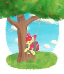 Size: 3100x3600 | Tagged: safe, artist:litrojia, derpibooru import, apple bloom, earth pony, pony, apple, apple tree, atg 2019, eyes closed, female, filly, foal, food, newbie artist training grounds, smiling, solo, swing, tire, tire swing, tree