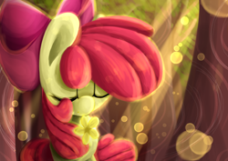 Size: 2828x2000 | Tagged: safe, artist:fluorbaryt, derpibooru import, apple bloom, earth pony, pony, female, filly, flower, foal, forest, solo