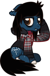 Size: 788x1189 | Tagged: safe, artist:lightningbolt, derpibooru exclusive, derpibooru import, pony, undead, zombie, zombie pony, .svg available, bags under eyes, bone, clothes, drop dead clothing, ears, fangs, floppy ears, frown, hood, hoodie, lip piercing, looking back, oliver sykes, piercing, ponified, raised hoof, raised leg, scar, simple background, sitting, solo, stitches, svg, tattoo, torn ear, transparent background, vector