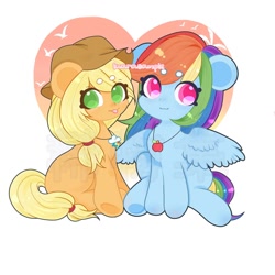 Size: 1000x1000 | Tagged: safe, artist:罗拉跑不掉, derpibooru import, applejack, rainbow dash, earth pony, pegasus, pony, :p, appledash, beanbrows, colored pupils, cute, cutie mark accessory, cutie mark necklace, dashabetes, eyebrows, female, jackabetes, jewelry, lesbian, necklace, round ears, shipping, tongue, tongue out, watermark