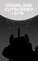 Size: 800x1280 | Tagged: safe, artist:egophiliac, derpibooru import, princess luna, pony, grayscale, monochrome, moon, moonstuck, silhouette, solo, space