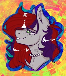 Size: 1773x2048 | Tagged: safe, artist:holomouse, derpibooru import, oc, oc only, oc:evening prose, pegasus, pony, bust, female, freckles, jewelry, mare, necklace, pearl necklace