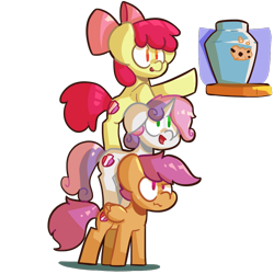 Size: 1000x1000 | Tagged: safe, artist:ronin20181, derpibooru import, apple bloom, scootaloo, sweetie belle, earth pony, pegasus, pony, unicorn, cookie, cookie jar, cutie mark crusaders, food, pony pile, reaching, simple background, tower of pony, transparent background