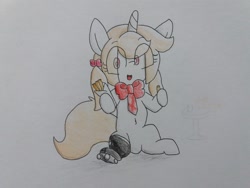 Size: 2064x1548 | Tagged: safe, artist:cherro, derpibooru import, oc, oc only, oc:cherry blossom, pony, unicorn, amputee, churros, food, prosthetic limb, prosthetics, solo, traditional art