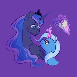 Size: 1200x1200 | Tagged: safe, artist:dandy_pony, derpibooru import, princess luna, trixie, alicorn, pony, unicorn, blushing, bouquet, bust, ethereal mane, eye clipping through hair, eyebrows, eyebrows visible through hair, female, flower, glowing, glowing horn, heart eyes, horn, jewelry, lesbian, levitation, looking at each other, looking at someone, luxie, magic, magic aura, mare, purple background, shipping, simple background, smiling, smiling at each other, telekinesis, tiara, wingding eyes, wings