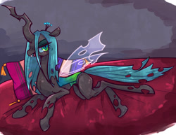 Size: 1100x850 | Tagged: safe, artist:awbt, derpibooru import, queen chrysalis, changeling, changeling queen, female, lying down, pillow, solo