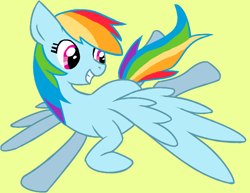 Size: 648x499 | Tagged: safe, artist:awbt, derpibooru import, rainbow dash, pegasus, pony, simple background, smiling, solo, yellow background