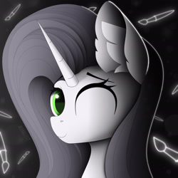 Size: 1920x1920 | Tagged: safe, artist:alexbefest, derpibooru import, oc, oc:reinina hazard, pony, unicorn, looking at you, one eye closed, present, simple background, smiling, smiling at you, solo