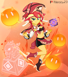 Size: 1755x1973 | Tagged: safe, artist:tabrony23, derpibooru import, sunset shimmer, equestria girls, bedroom eyes, boots, clothes, cosplay, costume, cute, female, fire, genshin impact, hat, high heels, looking at you, magic, patreon, patreon logo, sexy, shoes, slimes (genshin impact), smiling, smiling at you, solo, yanfei (genshin impact)