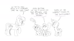 Size: 1600x900 | Tagged: safe, artist:mellodillo, derpibooru import, apple bloom, cheerilee, scootaloo, sweetie belle, earth pony, pegasus, pony, unicorn, black and white, cutie mark crusaders, dialogue, female, filly, foal, grayscale, implied applejack, implied swearing, levitation, magic, mare, monochrome, sketch, telekinesis