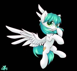 Size: 803x750 | Tagged: safe, artist:b_m, derpibooru import, oc, oc only, oc:string leaf, pegasus, pony, black background, female, flying, green mane, green tail, looking at you, mare, open mouth, pegasus oc, signature, simple background, solo, spread wings, white coat, wingding eyes, wings