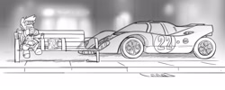 Size: 5000x2000 | Tagged: safe, artist:captainhoers, derpibooru import, oc, oc only, bat pony, pony, bat pony oc, car, eating, female, food, french fries, grayscale, mare, monochrome, porsche 917, racecar, sitting, solo