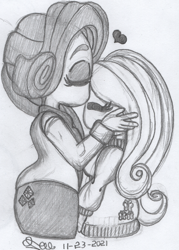 Size: 982x1369 | Tagged: safe, artist:rtonart, derpibooru import, fluttershy, rarity, human, clothes, eyes closed, female, flarity, forehead kiss, grayscale, heart, height difference, humanized, kissing, lesbian, monochrome, pencil drawing, shipping, skirt, sweater, sweatershy, traditional art