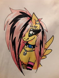 Size: 2448x3264 | Tagged: safe, artist:kandijoneko, derpibooru import, fluttershy, pegasus, pony, alternate hairstyle, bust, choker, clothes, ear piercing, earring, emoshy, female, jewelry, mare, necklace, piercing, socks, solo, spiked choker, striped socks, traditional art