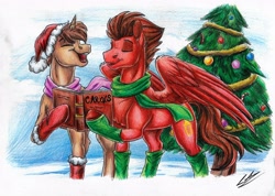 Size: 3474x2479 | Tagged: safe, artist:lupiarts, derpibooru import, oc, oc only, pegasus, pony, unicorn, book, christmas, christmas ornament, christmas tree, clothes, decoration, hat, holiday, santa hat, signing, socks, traditional art, tree