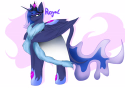 Size: 2901x2037 | Tagged: safe, artist:krissograph, derpibooru import, princess luna, alicorn, pony, alternate universe, blue eyes, blue mane, blue tail, clothes, coat, colored pupils, crown, feather, female, flowing mane, flowing tail, folded wings, gem, hoof shoes, horn, jewelry, looking at you, regalia, simple background, solo, stars, tail, white background, wings