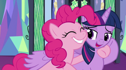 Size: 1018x570 | Tagged: safe, artist:queenderpyturtle, derpibooru import, edit, edited screencap, screencap, pinkie pie, twilight sparkle, twilight sparkle (alicorn), alicorn, pony, female, hug, lesbian, shipping, twilight's castle, twinkie, winghug, wings