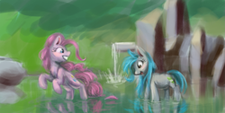 Size: 2323x1170 | Tagged: safe, artist:elisdoominika, derpibooru import, pinkie pie, oc, oc:sweet elis, earth pony, pony, bipedal, blushing, jumping, lake, nature, oc and canon, scenery, sketch, smiling, soft color, water, waterfall